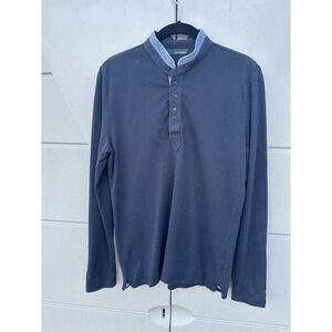 The Kooples Mens Pique Henley Blue Collarless Officer Collar Long Sleeves Sz M